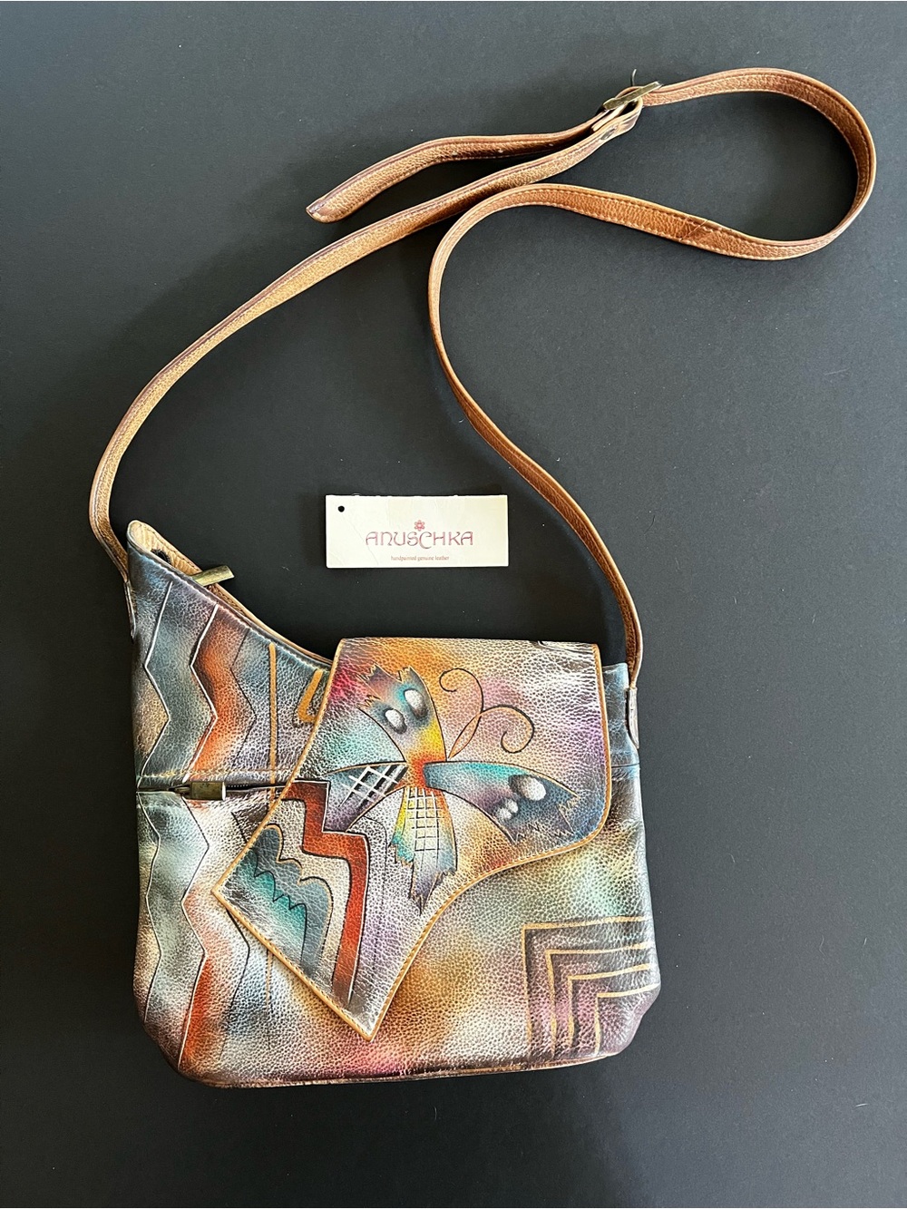 Anuschka Leather Hand Painted Butterfly Crossbody Bag